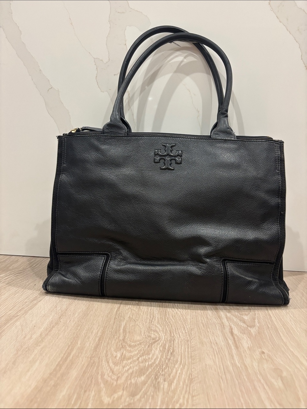 Tory Burch Black Pebbled Leather Tote with Logo